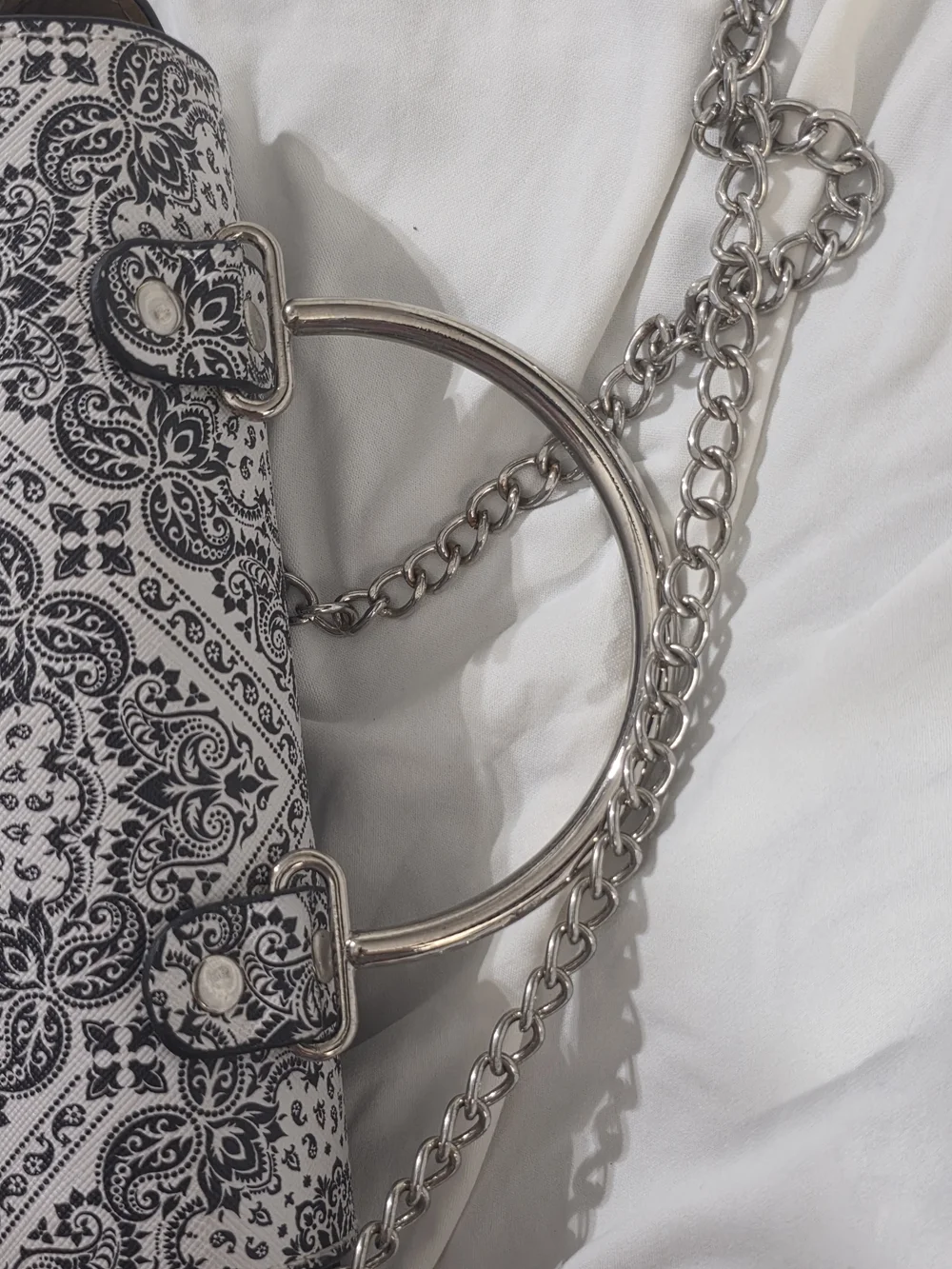 Black White Paisley Top Handle Bag Chain Strap Structured Purse